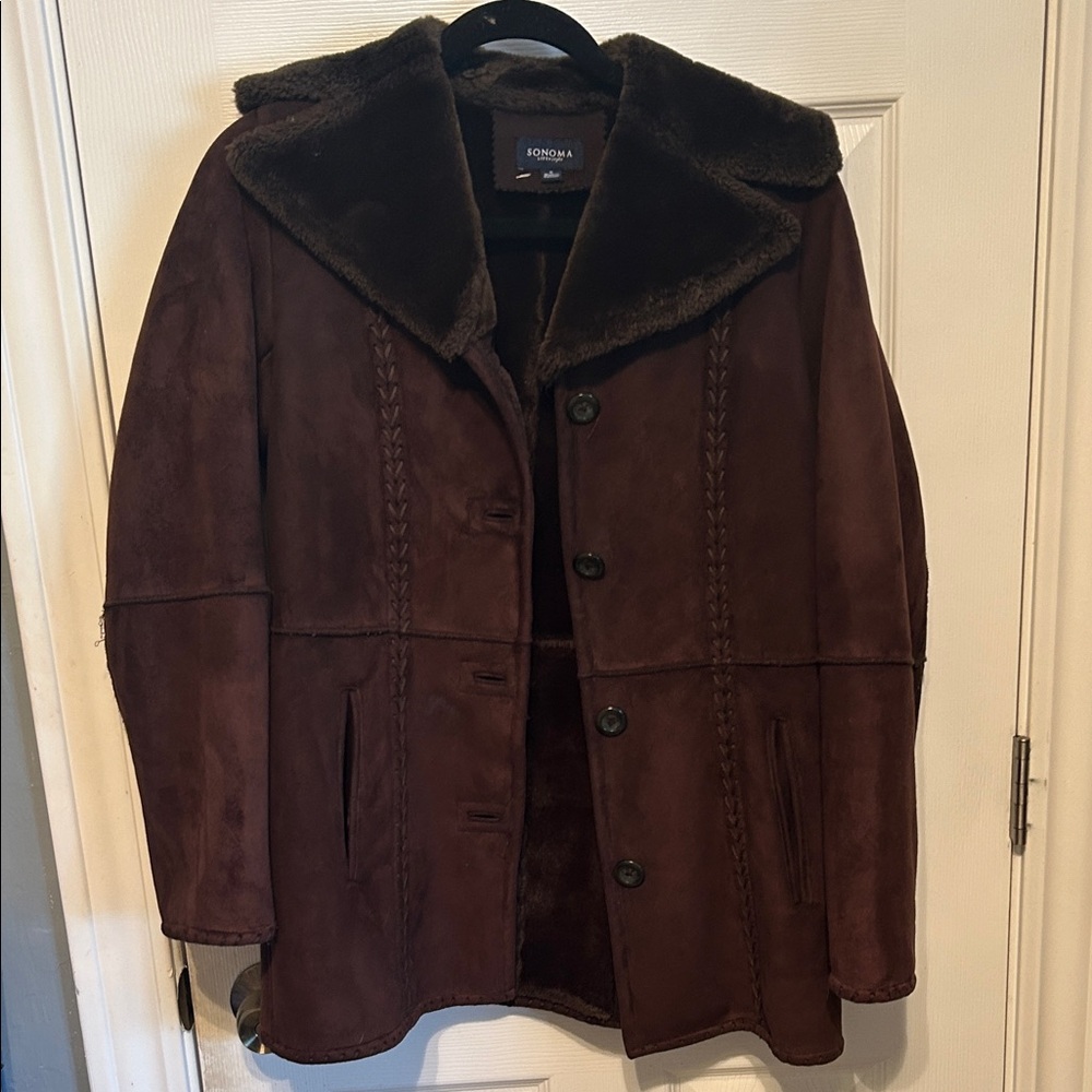 VERY SOFT Brown Suede Coat with Faux Fur Collar